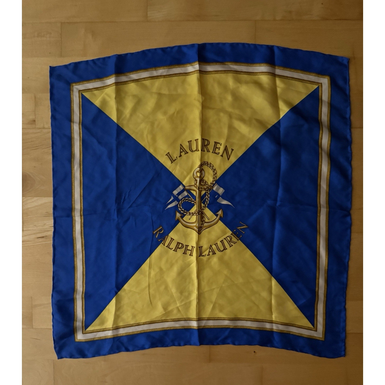 Lauren Ralph Lauren Yellow Blue Nautical Anchor Flag Silk Scarf 22